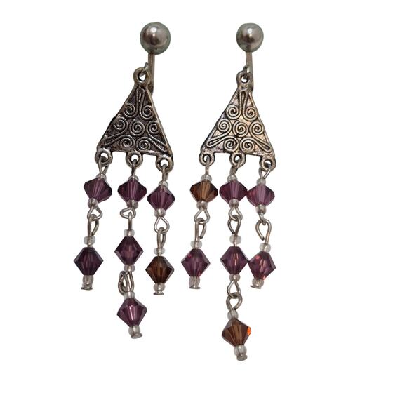 Silver-tone chandelier purple brown beaded dangle bohemian clip-on earrings - Picture 1 of 7